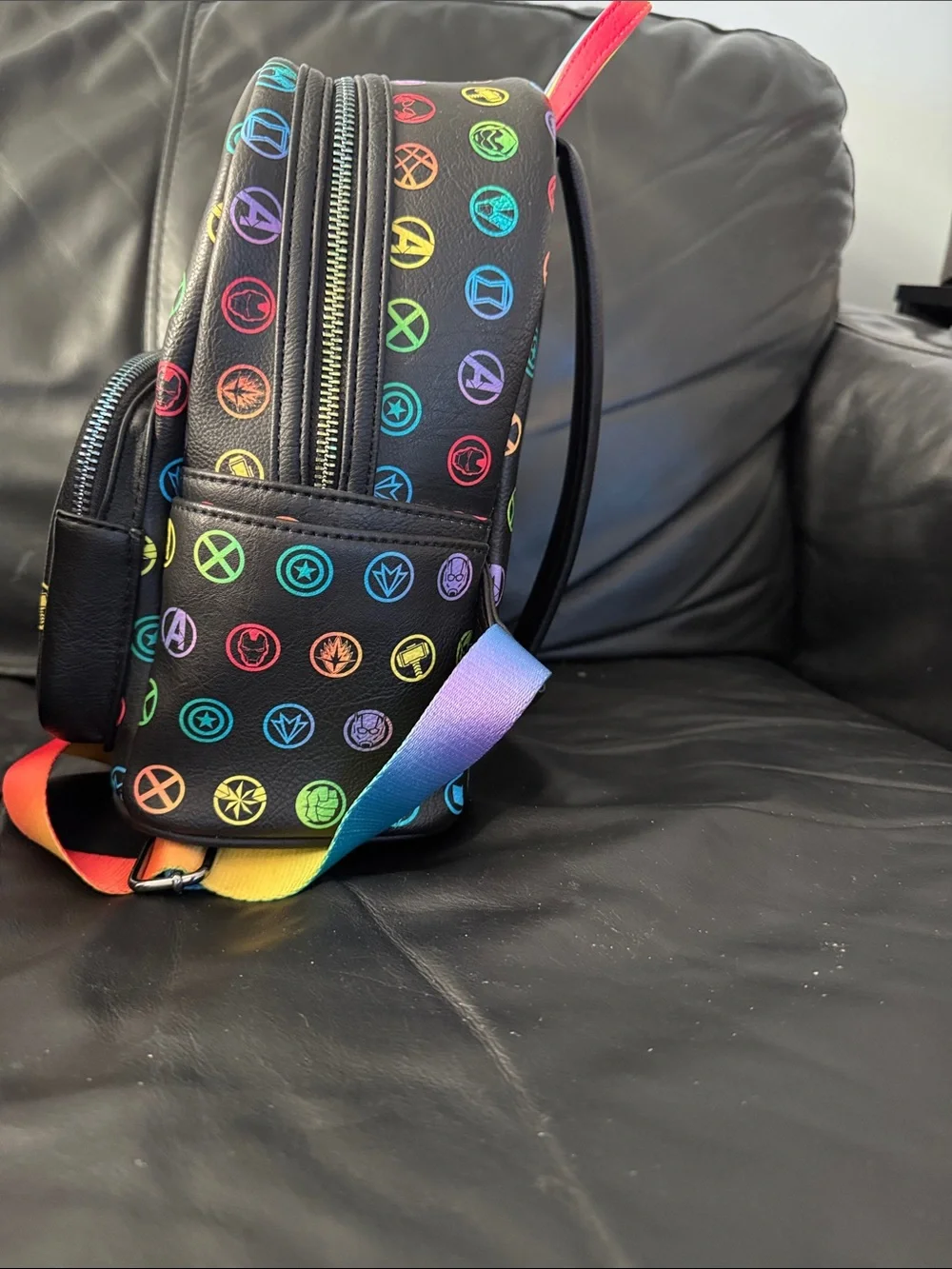 Marvel Kids Rainbow Icons Mini Backpack - Black with Rainbow Straps